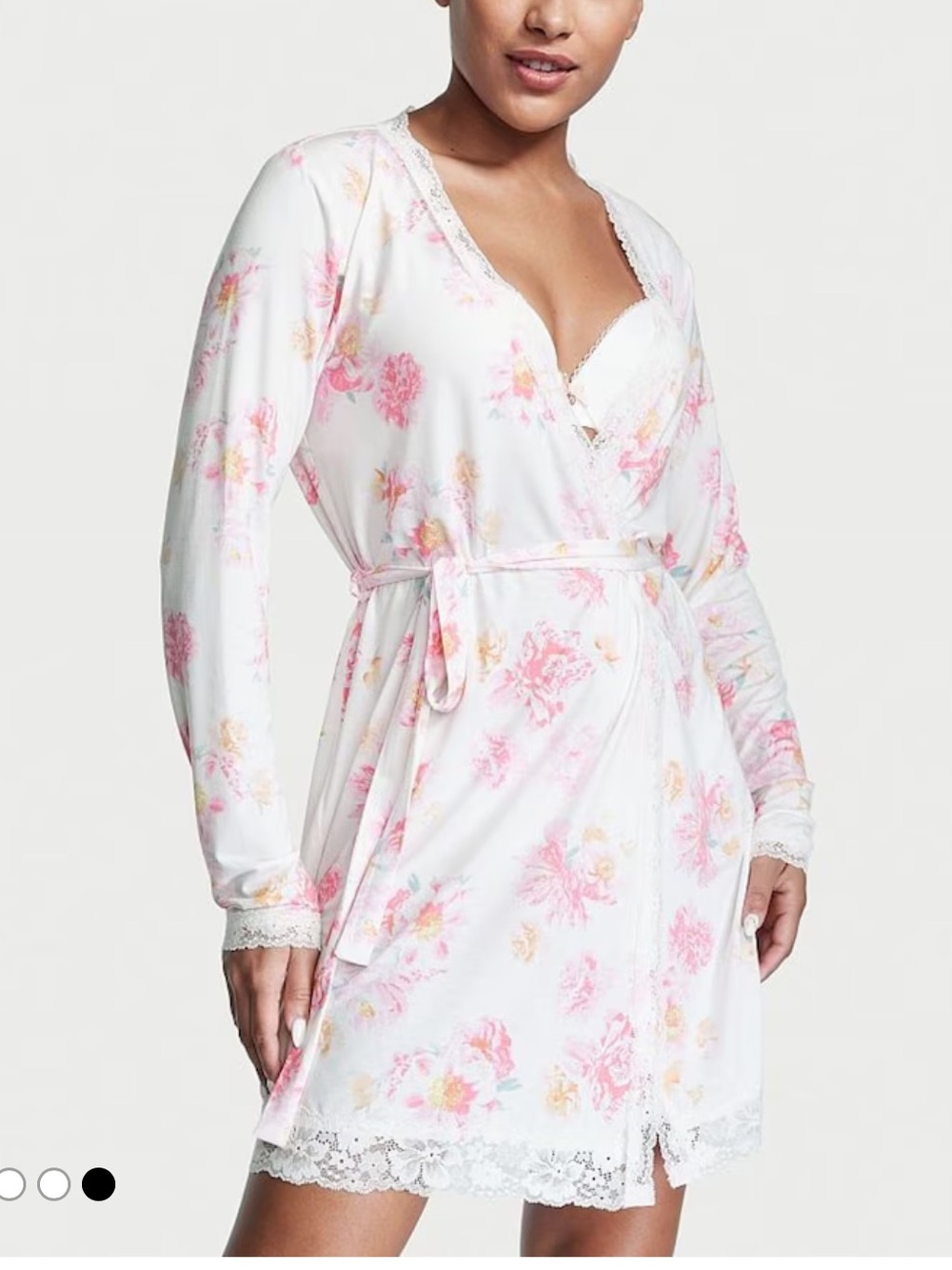 Victoria's Secret White Floral Lace-Trim Robe with Pink Accents